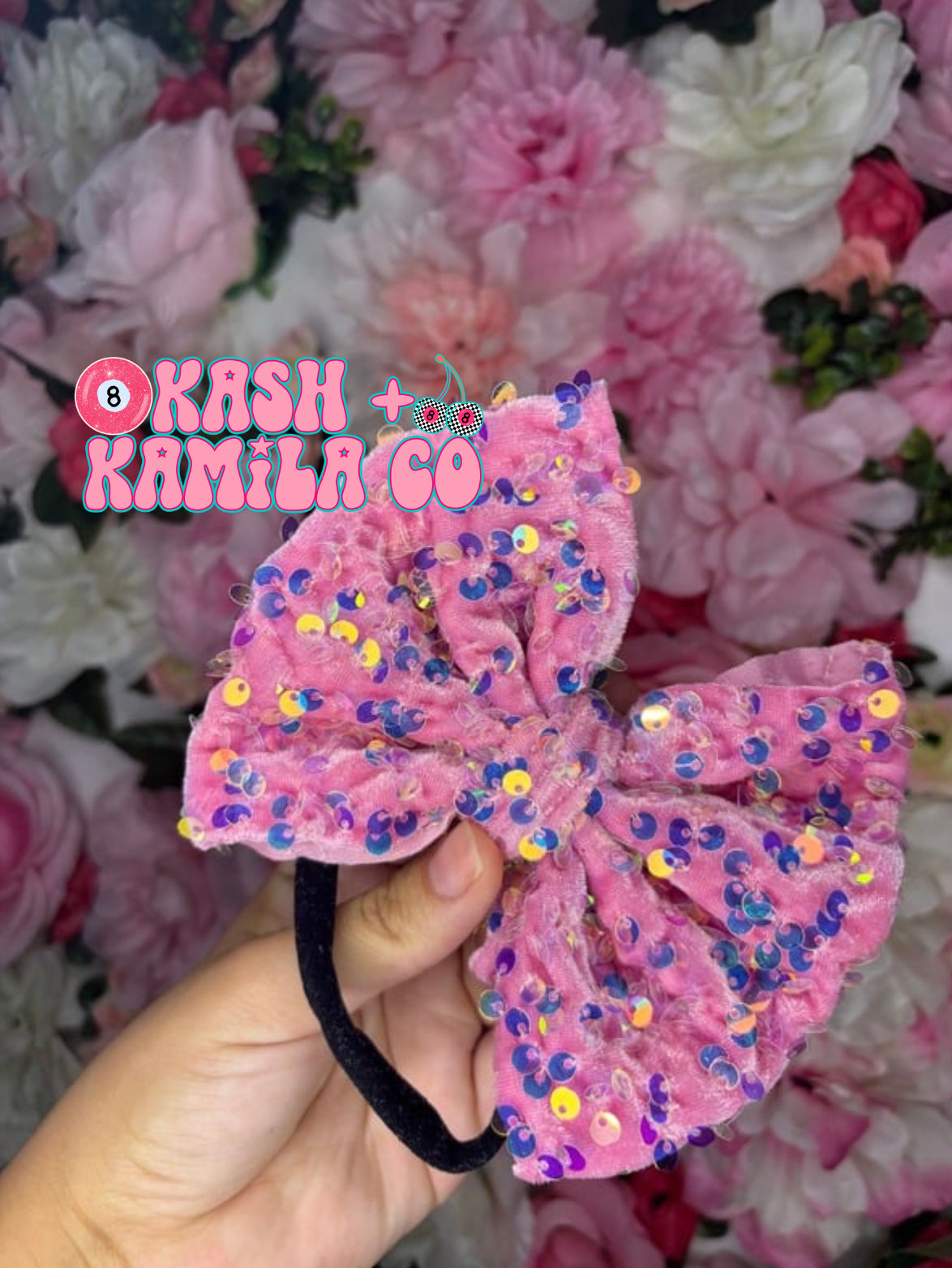 RTS 5” Bow Pink Iridescent Sequins/Black Nylon