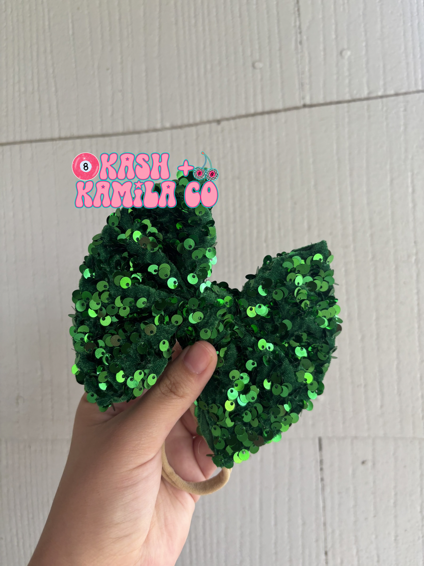 RTS 5” Bow Green Sequins / Nude Nylon