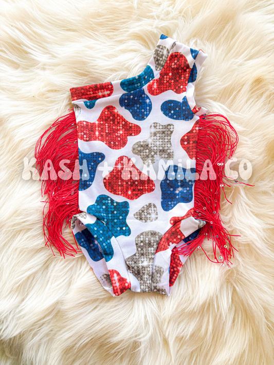 Cow Print Halsey Leo w/Red Fringe