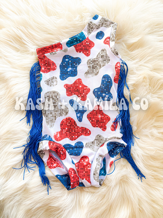 Cow Print Halsey Leo w/Blue Fringe 12-18m