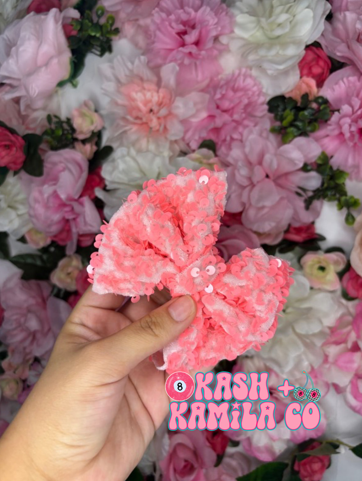 RTS 4” Bow Neon Coral Sequins/Clip