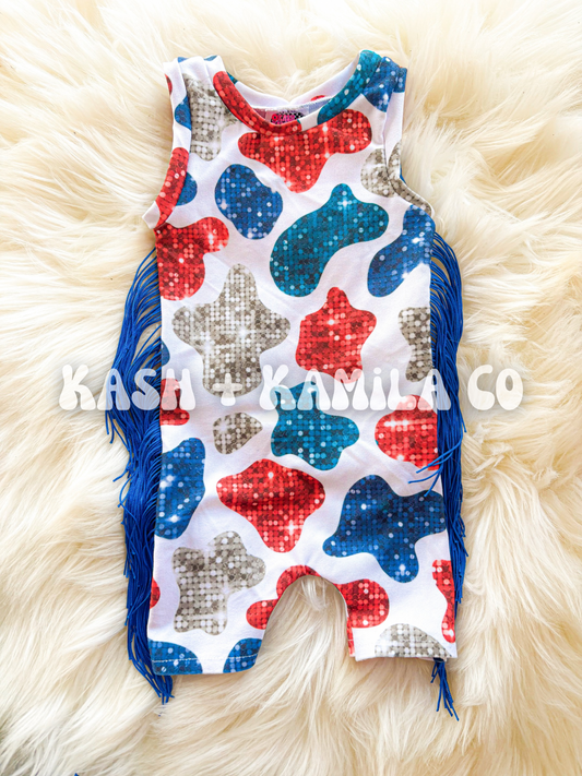 Cow Print Ollie Romper w/Blue Fringe 3-6m