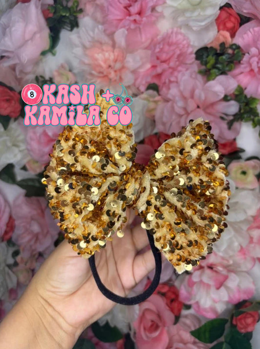 RTS 5” Bow Gold Sequins/Black Nylon