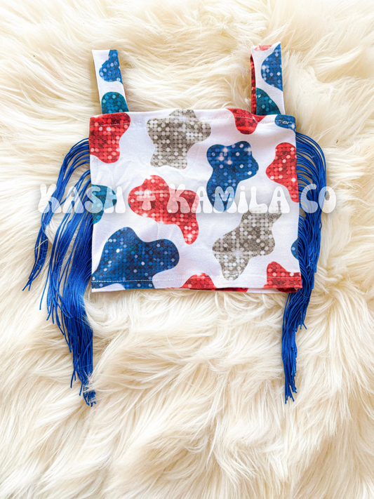 Cow Print Tubetop w/ Straps Blue Fringe 6-9m