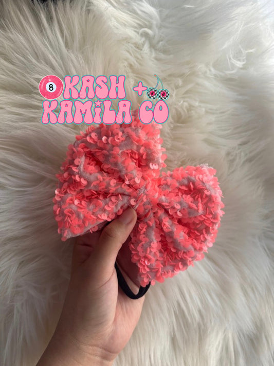 RTS 5” Bow Neon Coral Sequins/Black Nylon
