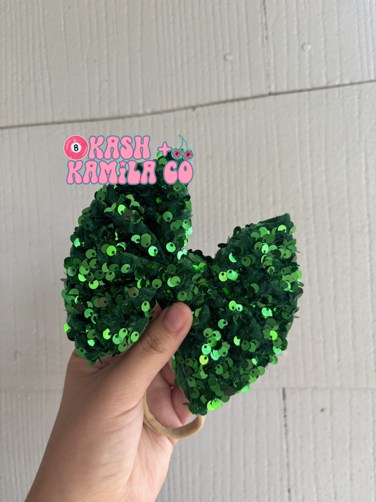 RTS 5” Bow Green Sequins / Nude Nylon