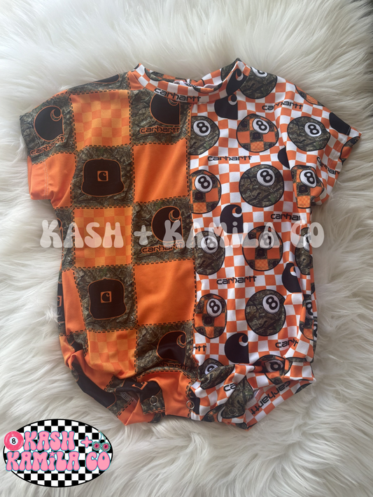 RTS Half Carhartt Tee Romper w/Snaps 12-18m